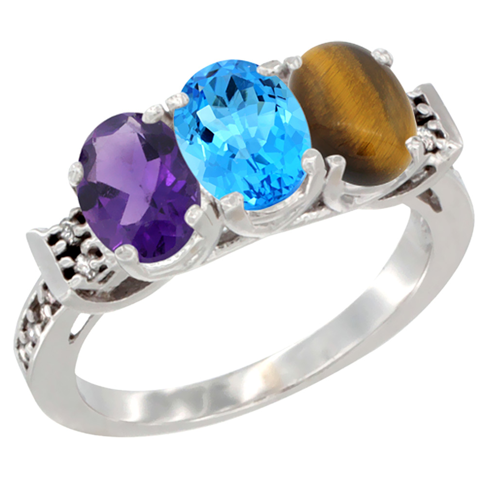 10K White Gold Natural Amethyst, Swiss Blue Topaz & Tiger Eye Ring 3-Stone Oval 7x5 mm Diamond Accent, sizes 5 - 10