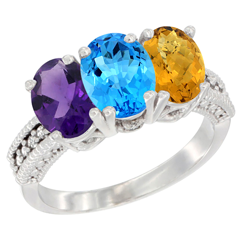 14K White Gold Natural Amethyst, Swiss Blue Topaz & Whisky Quartz Ring 3-Stone 7x5 mm Oval Diamond Accent, sizes 5 - 10