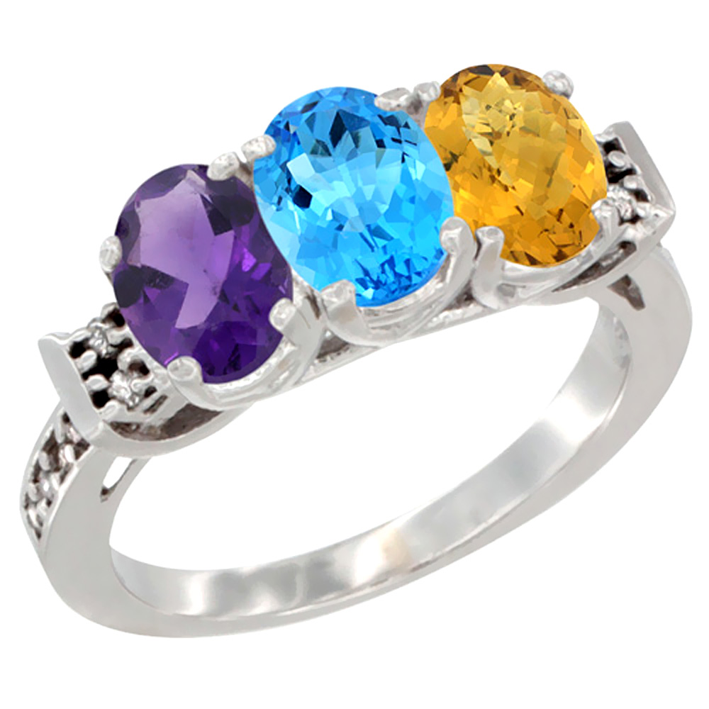 14K White Gold Natural Amethyst, Swiss Blue Topaz & Whisky Quartz Ring 3-Stone 7x5 mm Oval Diamond Accent, sizes 5 - 10