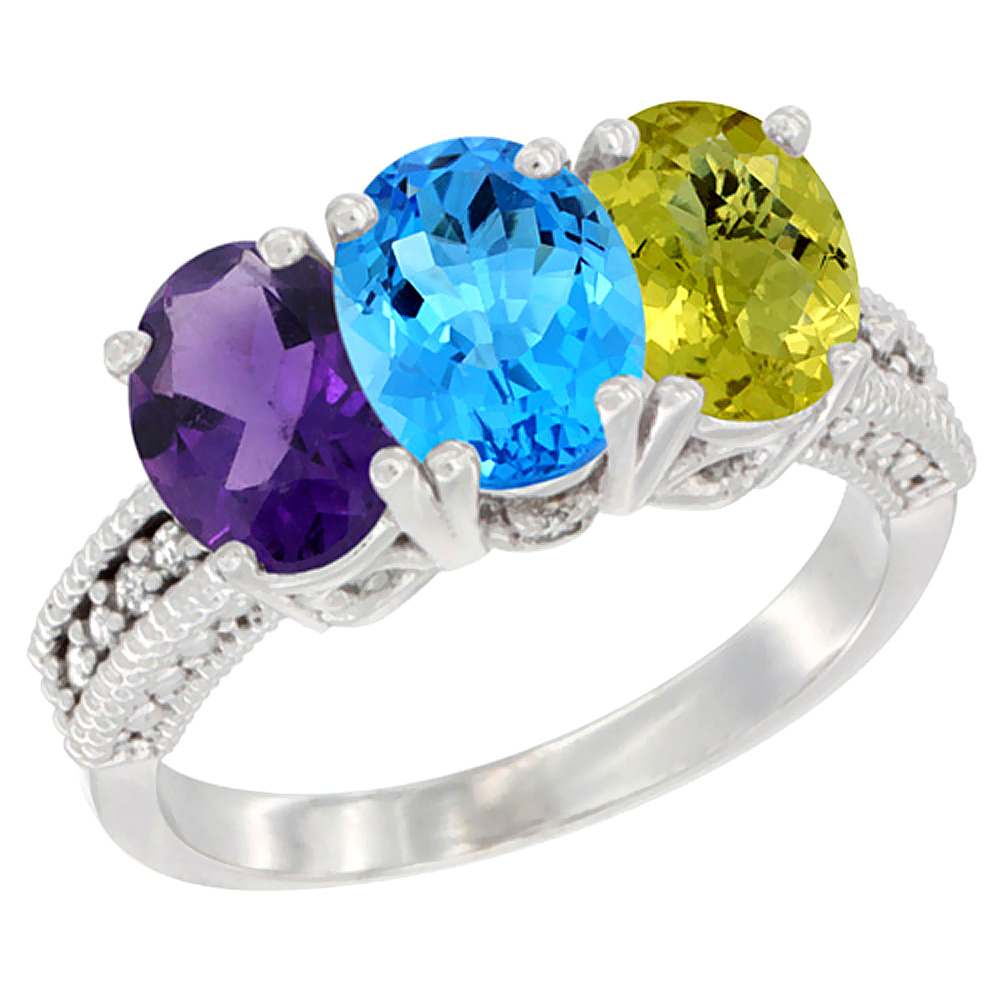 14K White Gold Natural Amethyst, Swiss Blue Topaz &amp; Lemon Quartz Ring 3-Stone 7x5 mm Oval Diamond Accent, sizes 5 - 10