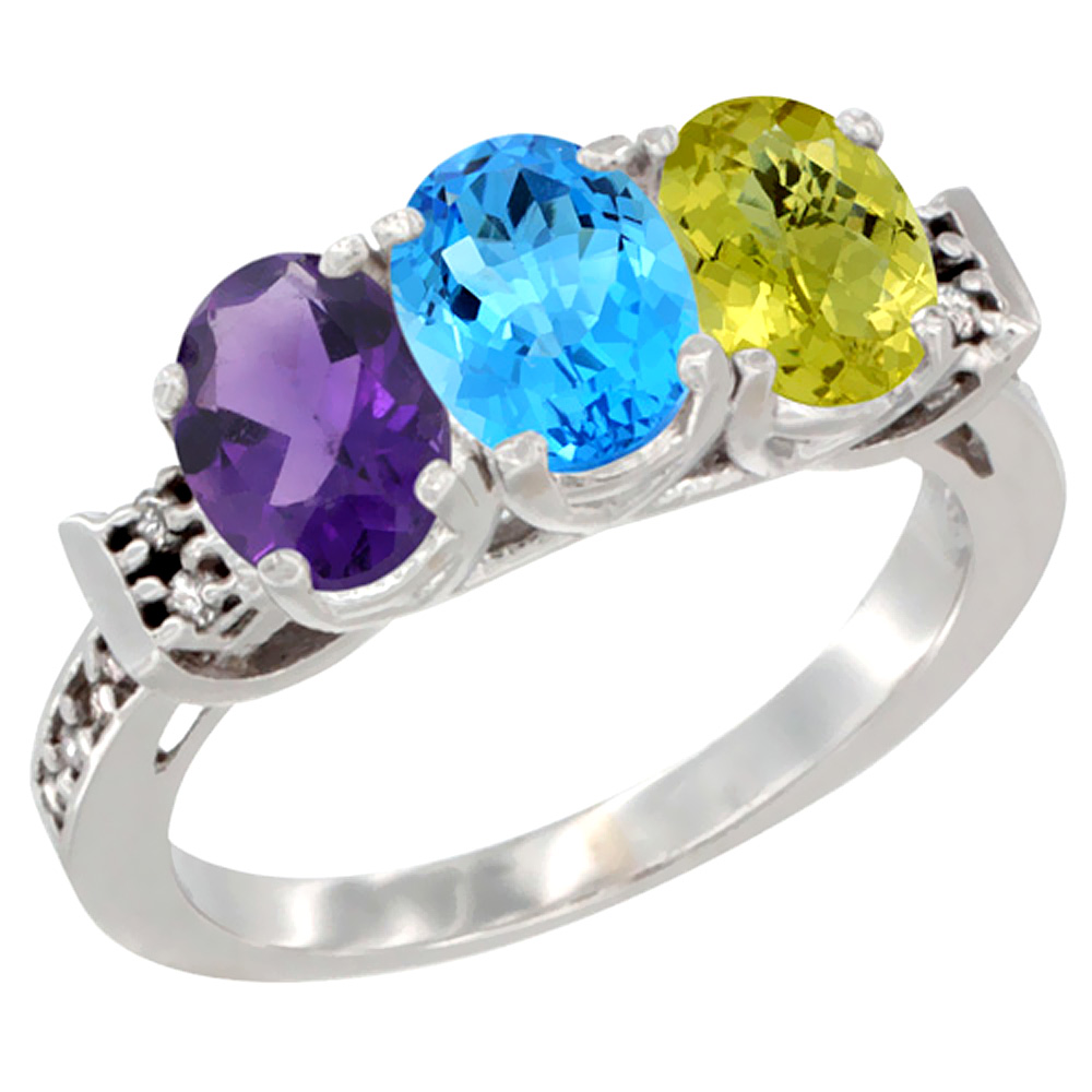 14K White Gold Natural Amethyst, Swiss Blue Topaz & Lemon Quartz Ring 3-Stone 7x5 mm Oval Diamond Accent, sizes 5 - 10