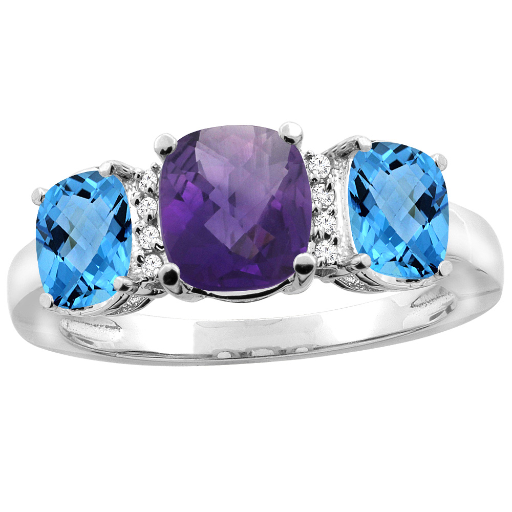 10K Yellow Gold Natural Amethyst & Swiss Blue Topaz 3-stone Ring Cushion 8x6mm Diamond Accent, sizes 5 - 10