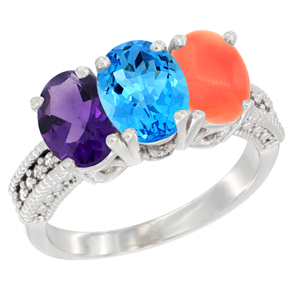 10K White Gold Natural Amethyst, Swiss Blue Topaz & Coral Ring 3-Stone Oval 7x5 mm Diamond Accent, sizes 5 - 10