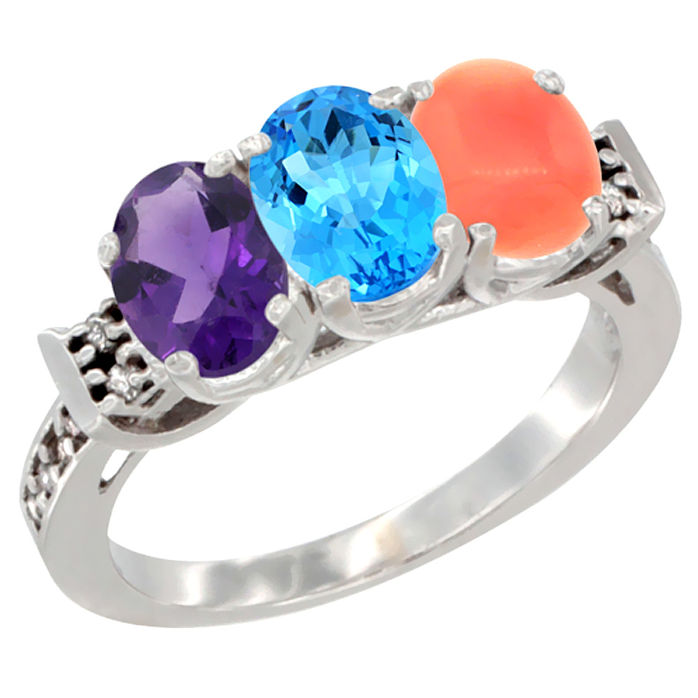 14K White Gold Natural Amethyst, Swiss Blue Topaz & Coral Ring 3-Stone 7x5 mm Oval Diamond Accent, sizes 5 - 10