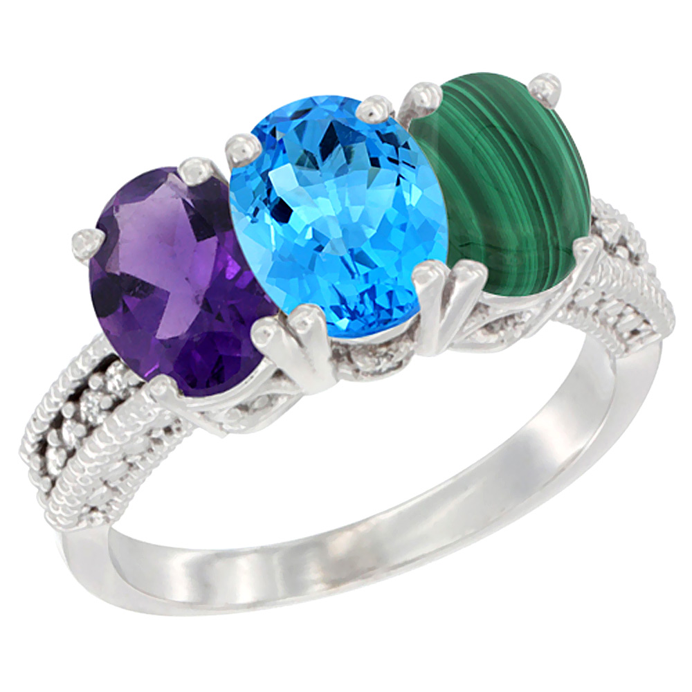 10K White Gold Natural Amethyst, Swiss Blue Topaz & Malachite Ring 3-Stone Oval 7x5 mm Diamond Accent, sizes 5 - 10