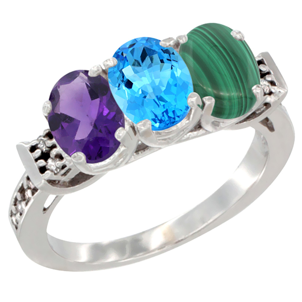 10K White Gold Natural Amethyst, Swiss Blue Topaz & Malachite Ring 3-Stone Oval 7x5 mm Diamond Accent, sizes 5 - 10