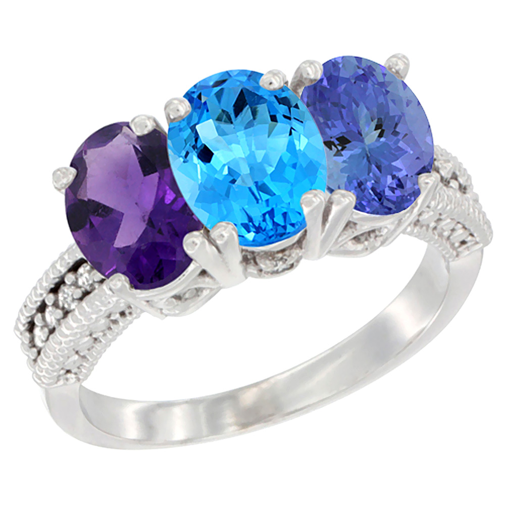 14K White Gold Natural Amethyst, Swiss Blue Topaz & Tanzanite Ring 3-Stone 7x5 mm Oval Diamond Accent, sizes 5 - 10