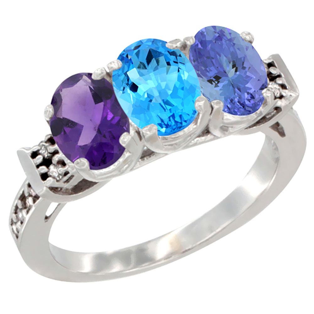 14K White Gold Natural Amethyst, Swiss Blue Topaz &amp; Tanzanite Ring 3-Stone 7x5 mm Oval Diamond Accent, sizes 5 - 10