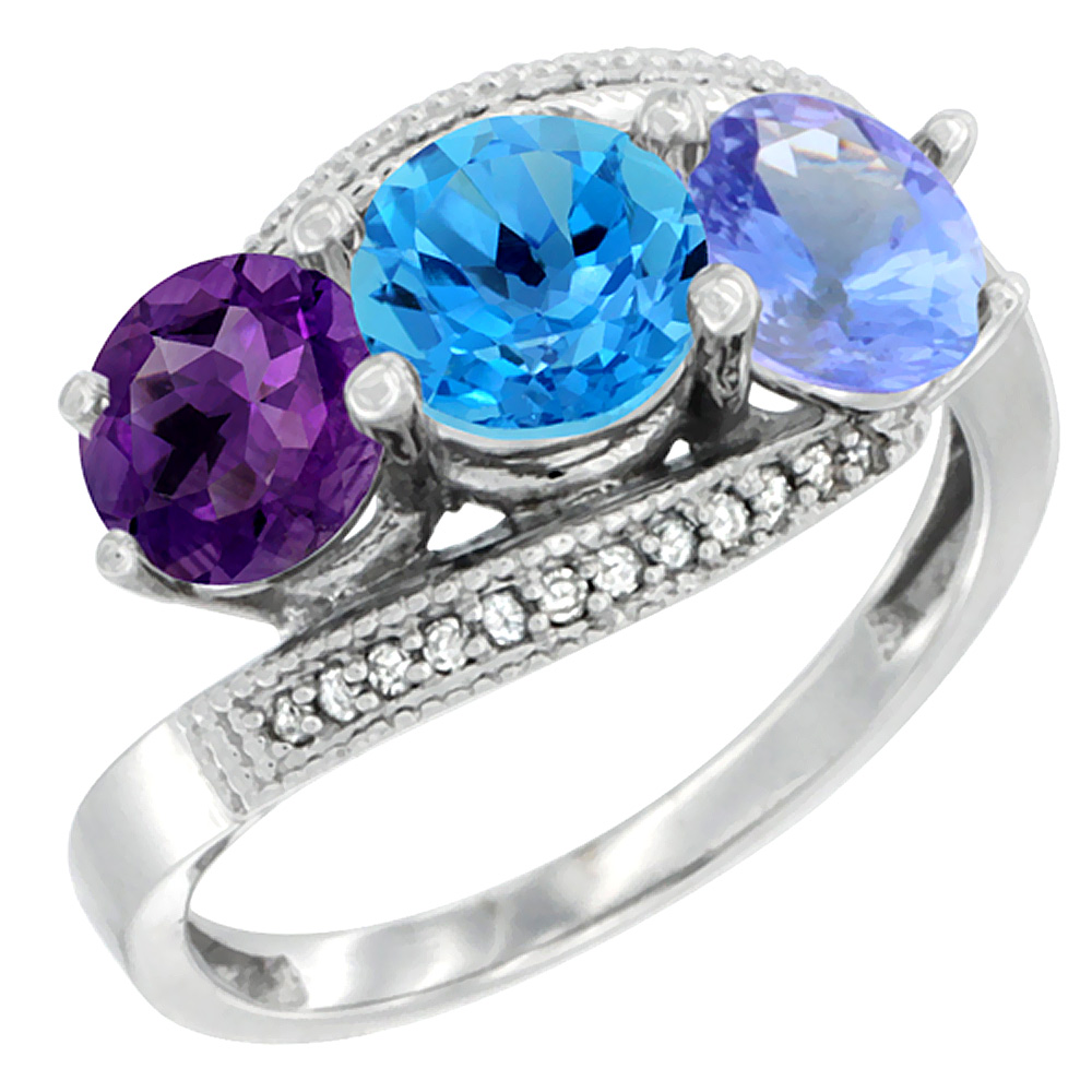 14K White Gold Natural Amethyst, Swiss Blue Topaz & Tanzanite 3 stone Ring Round 6mm Diamond Accent, sizes 5 - 10