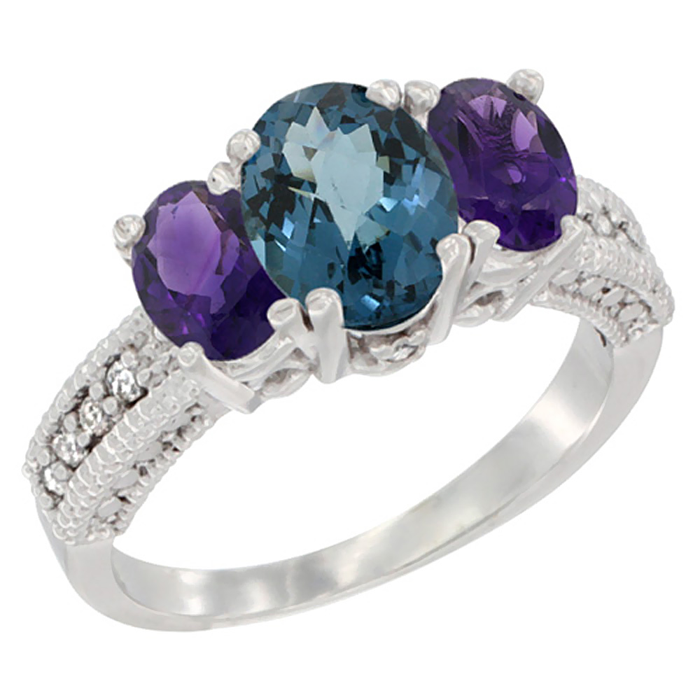 10K White Gold Diamond Natural London Blue Topaz Ring Oval 3-stone with Amethyst, sizes 5 - 10