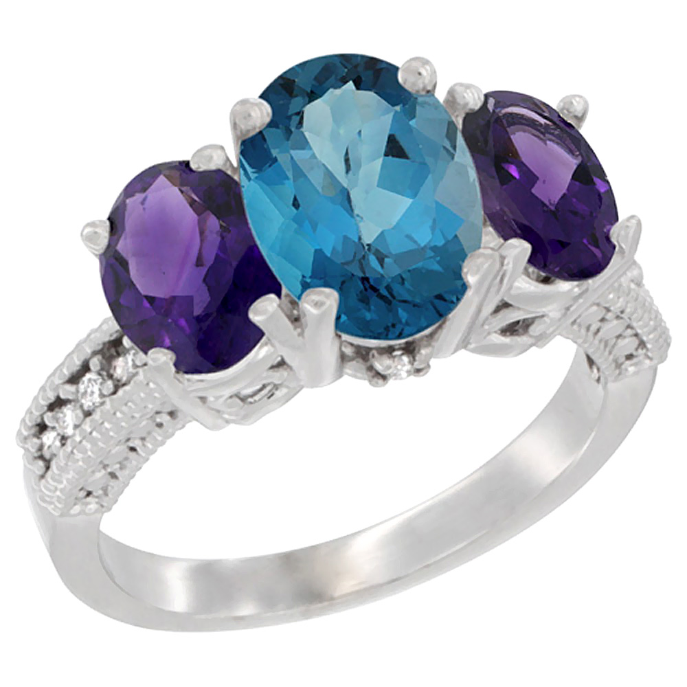 14K White Gold Diamond Natural London Blue Topaz Ring 3-Stone Oval 8x6mm with Amethyst, sizes5-10