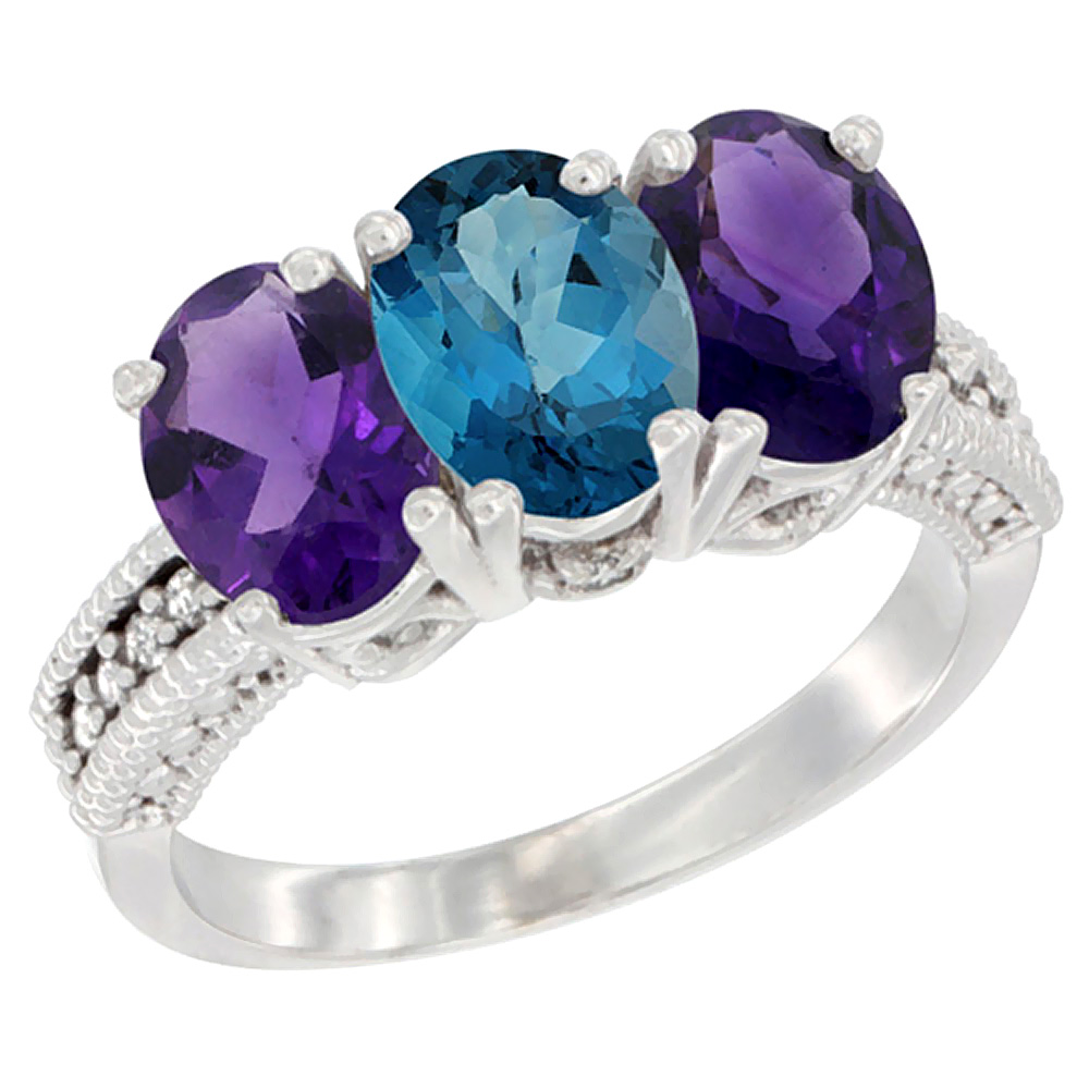 10K White Gold Natural London Blue Topaz & Amethyst Sides Ring 3-Stone Oval 7x5 mm Diamond Accent, sizes 5 - 10