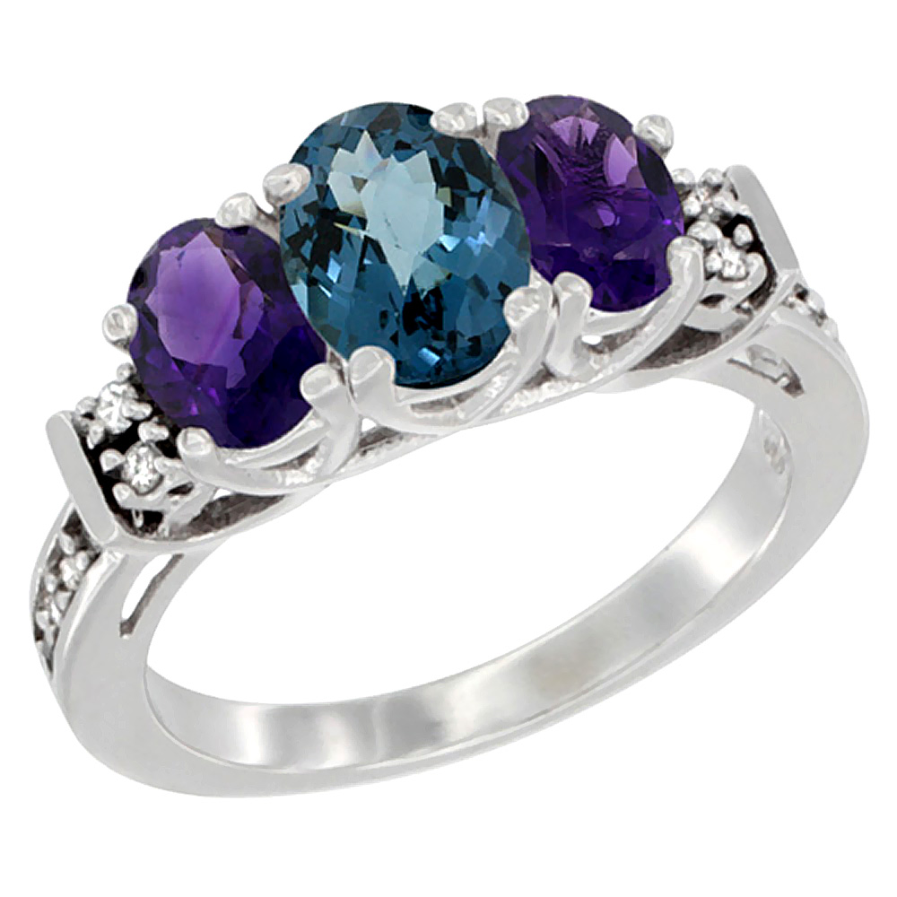 14K White Gold Natural London Blue Topaz & Amethyst Ring 3-Stone Oval Diamond Accent, sizes 5-10
