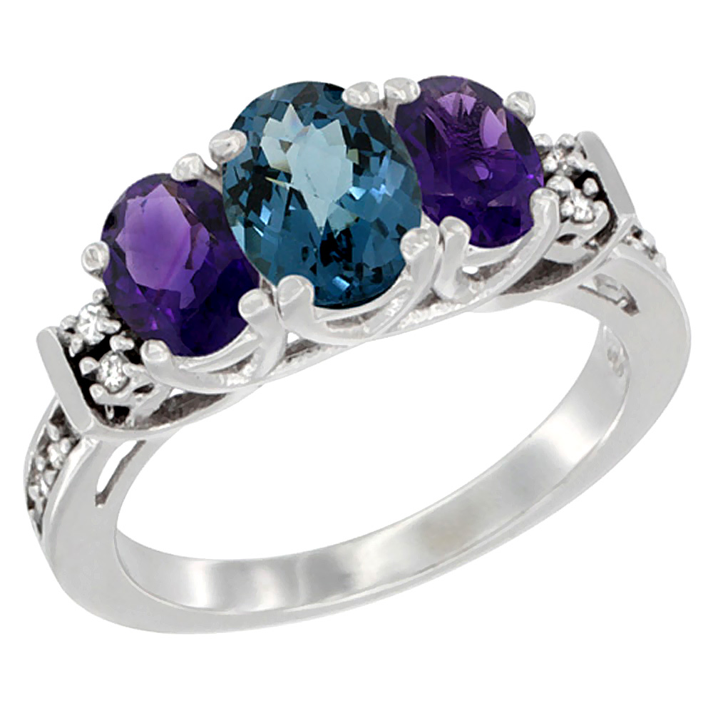 10K White Gold Natural London Blue Topaz &amp; Amethyst Ring 3-Stone Oval Diamond Accent, sizes 5-10