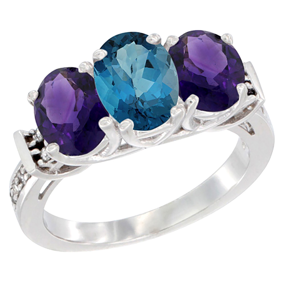 14K White Gold Natural London Blue Topaz & Amethyst Sides Ring 3-Stone Oval Diamond Accent, sizes 5 - 10