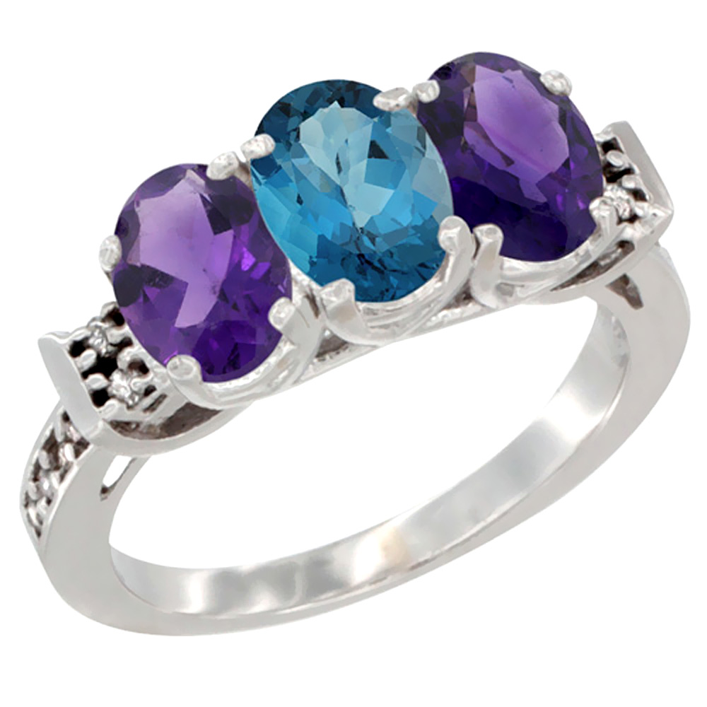 14K White Gold Natural London Blue Topaz & Amethyst Sides Ring 3-Stone 7x5 mm Oval Diamond Accent, sizes 5 - 10