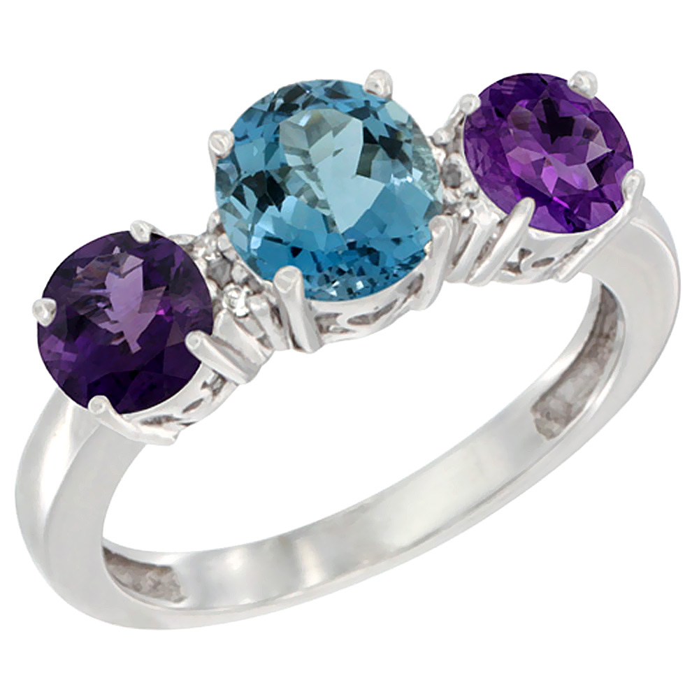 10K White Gold Round 3-Stone Natural London Blue Topaz Ring &amp; Amethyst Sides Diamond Accent, sizes 5 - 10