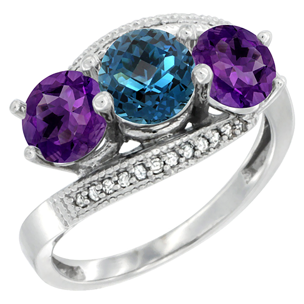 14K White Gold Natural London Blue Topaz &amp; Amethyst Sides 3 stone Ring Round 6mm Diamond Accent, sizes 5 - 10