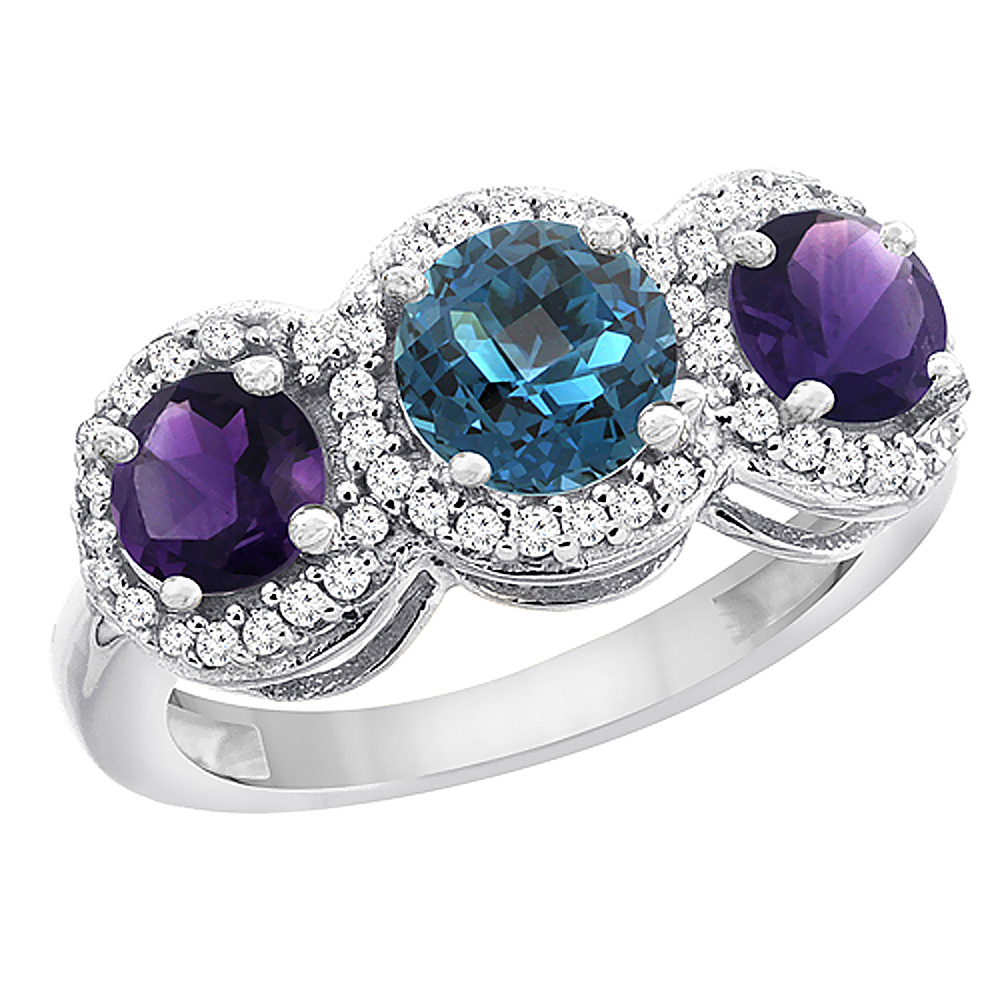 14K White Gold Natural London Blue Topaz &amp; Amethyst Sides Round 3-stone Ring Diamond Accents, sizes 5 - 10