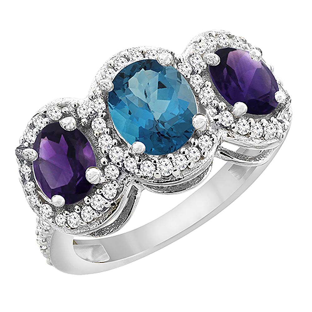 14K White Gold Natural London Blue Topaz &amp; Amethyst 3-Stone Ring Oval Diamond Accent, sizes 5 - 10