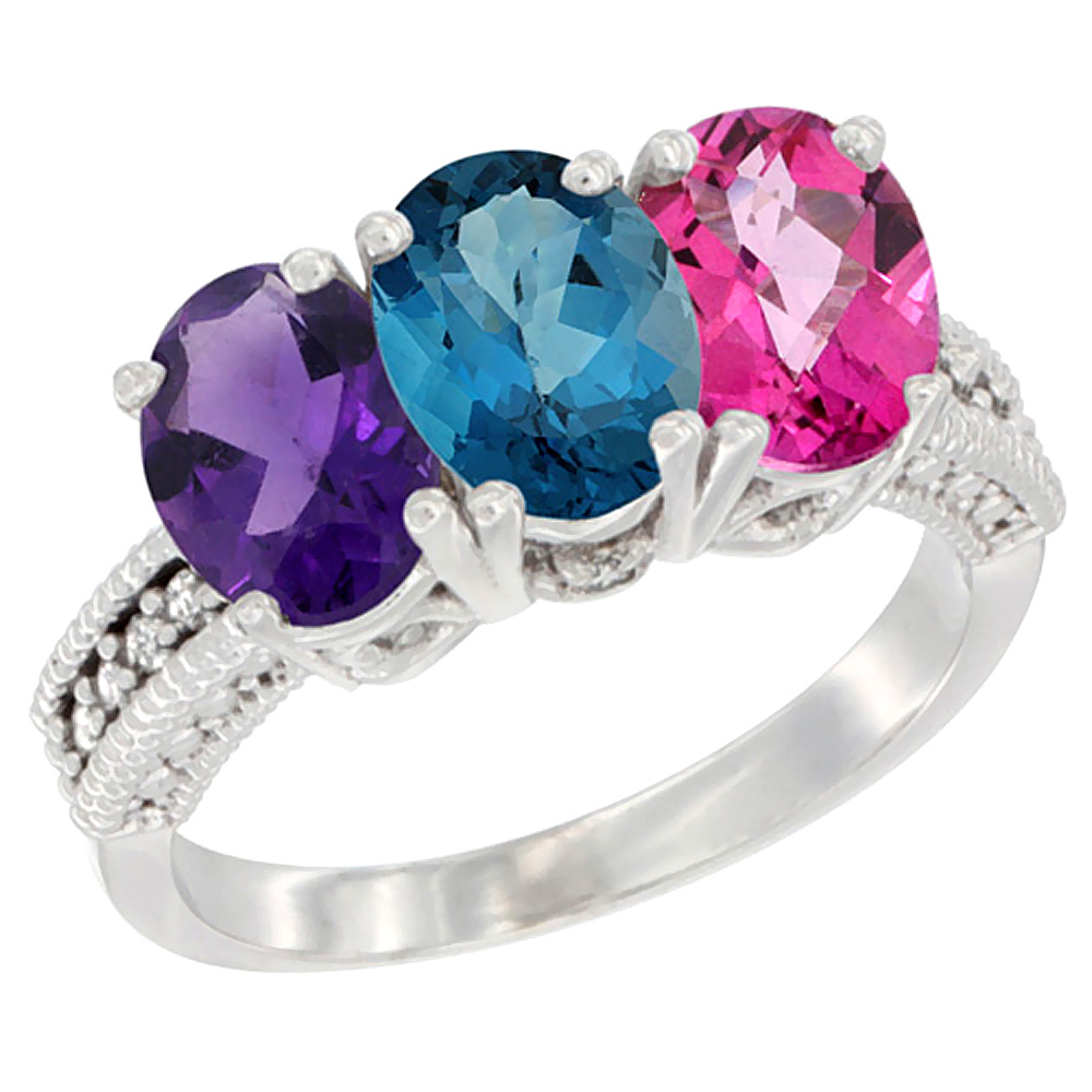 14K White Gold Natural Amethyst, London Blue Topaz & Pink Topaz Ring 3-Stone 7x5 mm Oval Diamond Accent, sizes 5 - 10