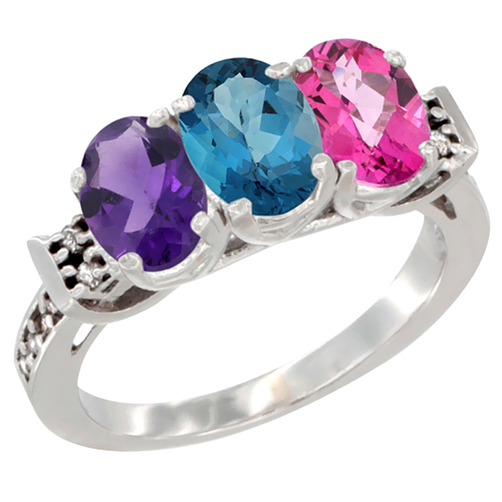 14K White Gold Natural Amethyst, London Blue Topaz & Pink Topaz Ring 3-Stone 7x5 mm Oval Diamond Accent, sizes 5 - 10