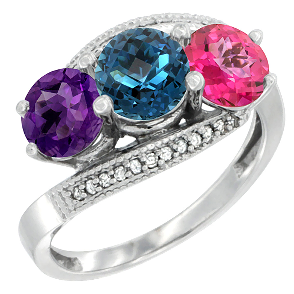 14K White Gold Natural Amethyst, London Blue &amp; Pink Topaz 3 stone Ring Round 6mm Diamond Accent, sizes 5 - 10