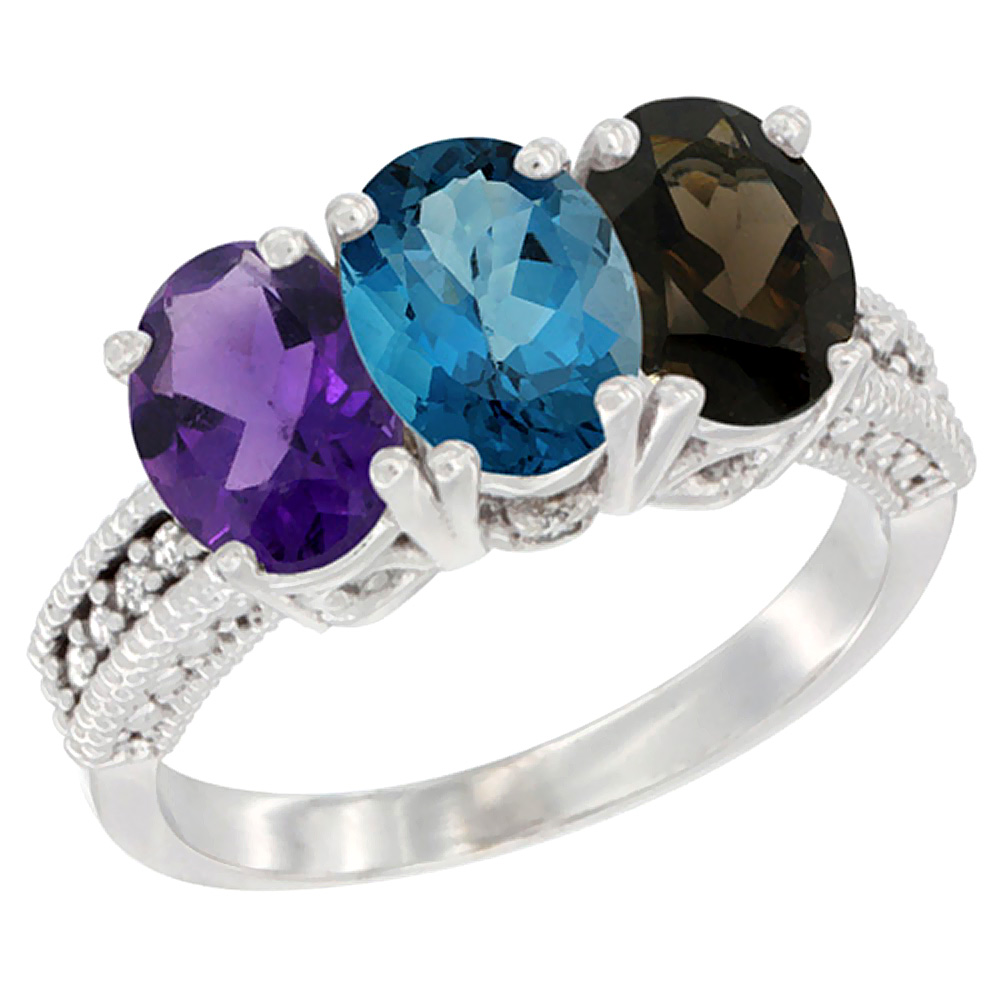 14K White Gold Natural Amethyst, London Blue Topaz &amp; Smoky Topaz Ring 3-Stone 7x5 mm Oval Diamond Accent, sizes 5 - 10