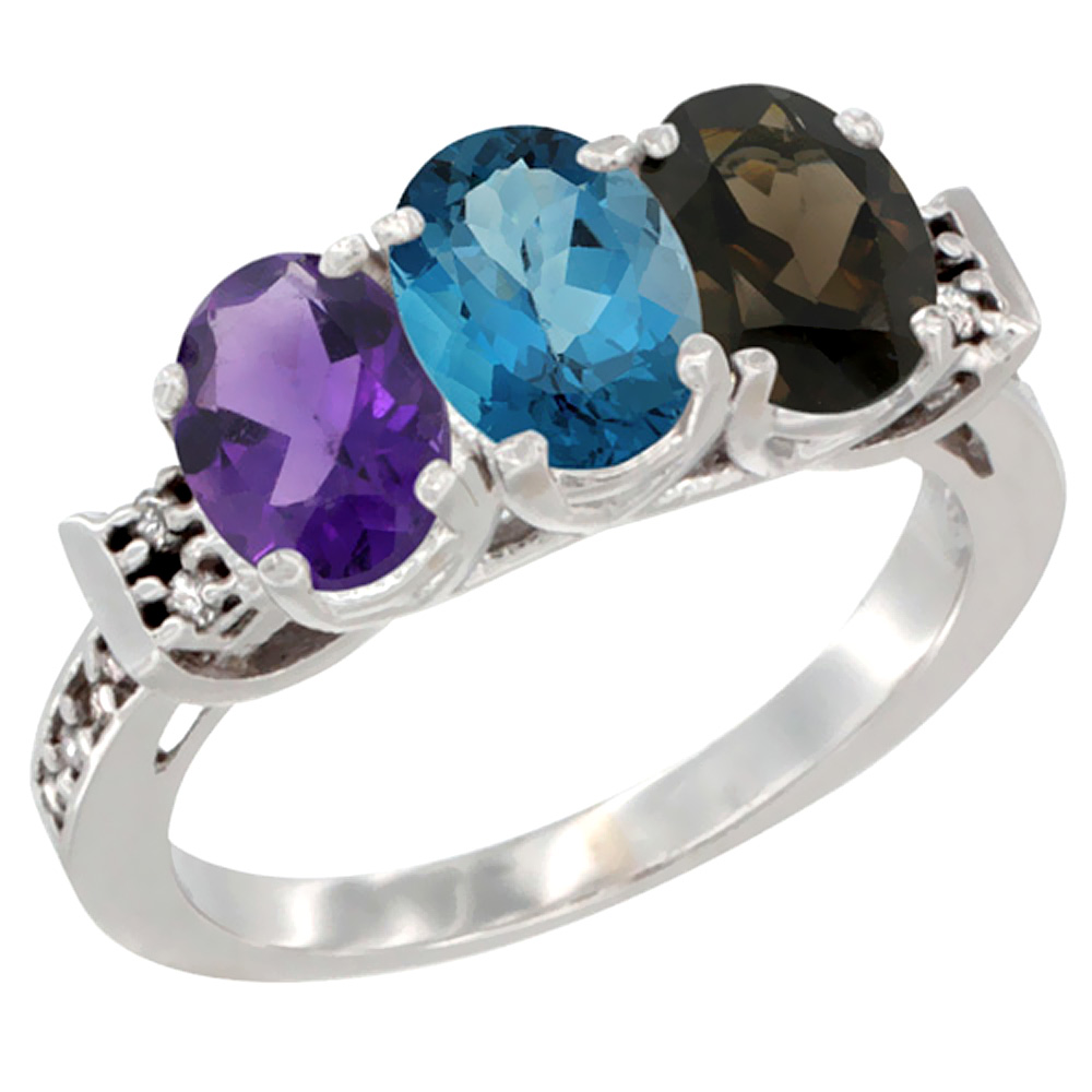 10K White Gold Natural Amethyst, London Blue Topaz & Smoky Topaz Ring 3-Stone Oval 7x5 mm Diamond Accent, sizes 5 - 10