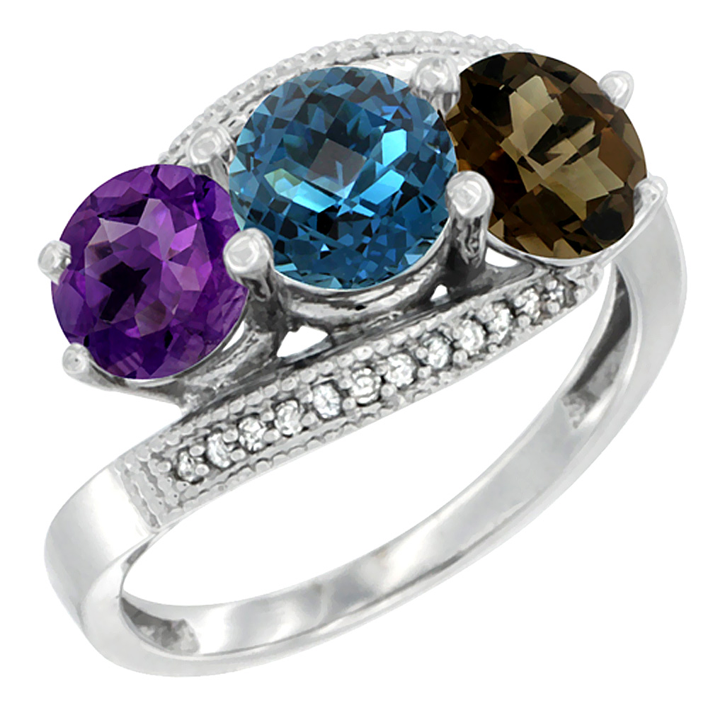 14K White Gold Natural Amethyst, London Blue &amp; Smoky Topaz 3 stone Ring Round 6mm Diamond Accent, sizes 5 - 10