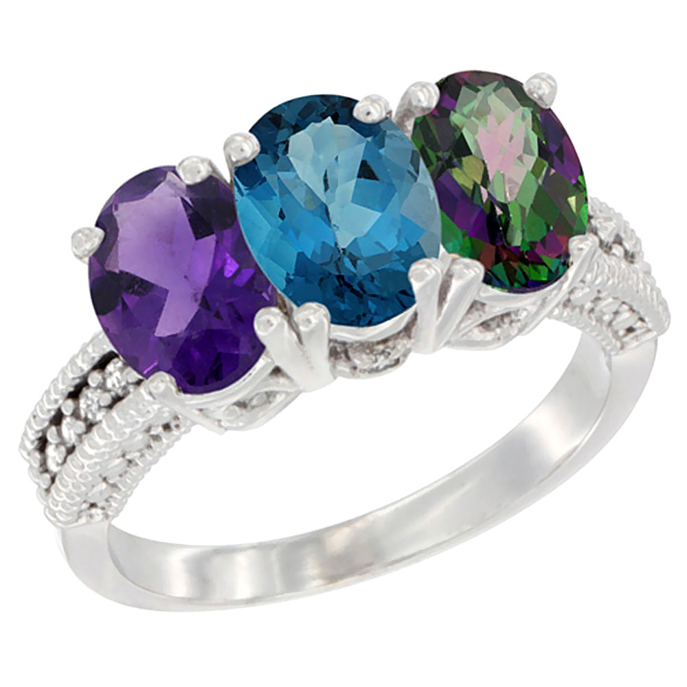 10K White Gold Natural Amethyst, London Blue Topaz &amp; Mystic Topaz Ring 3-Stone Oval 7x5 mm Diamond Accent, sizes 5 - 10