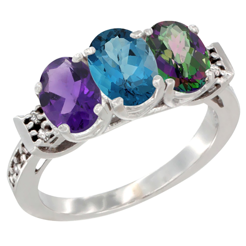 10K White Gold Natural Amethyst, London Blue Topaz & Mystic Topaz Ring 3-Stone Oval 7x5 mm Diamond Accent, sizes 5 - 10