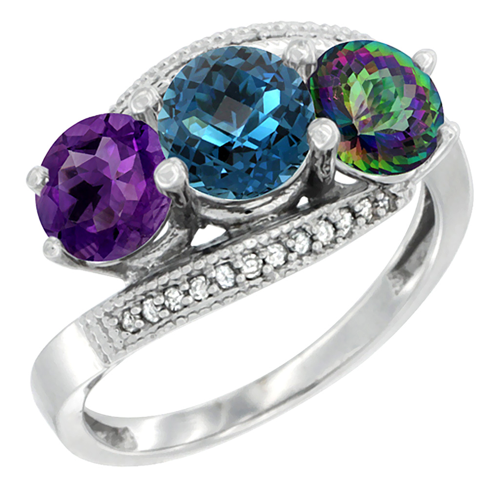 14K White Gold Natural Amethyst, London Blue & Mystic Topaz 3 stone Ring Round 6mm Diamond Accent, sizes 5 - 10