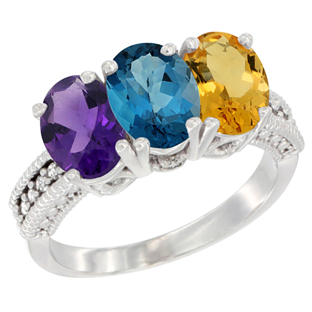 10K White Gold Natural Amethyst, London Blue Topaz &amp; Citrine Ring 3-Stone Oval 7x5 mm Diamond Accent, sizes 5 - 10