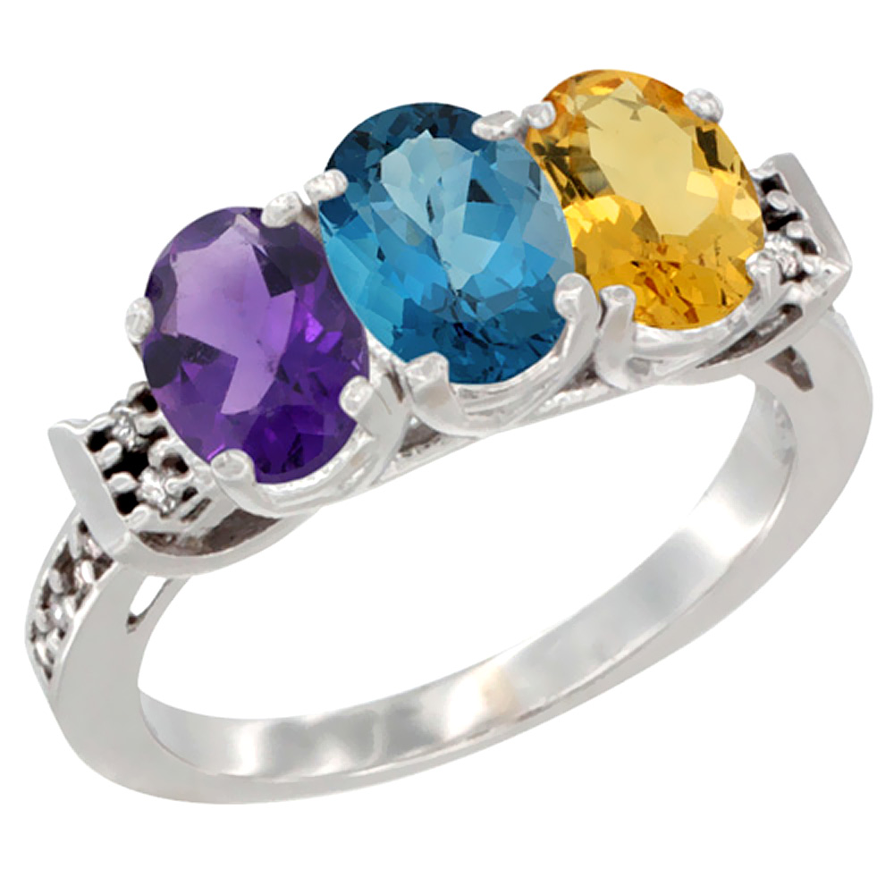 14K White Gold Natural Amethyst, London Blue Topaz &amp; Citrine Ring 3-Stone 7x5 mm Oval Diamond Accent, sizes 5 - 10