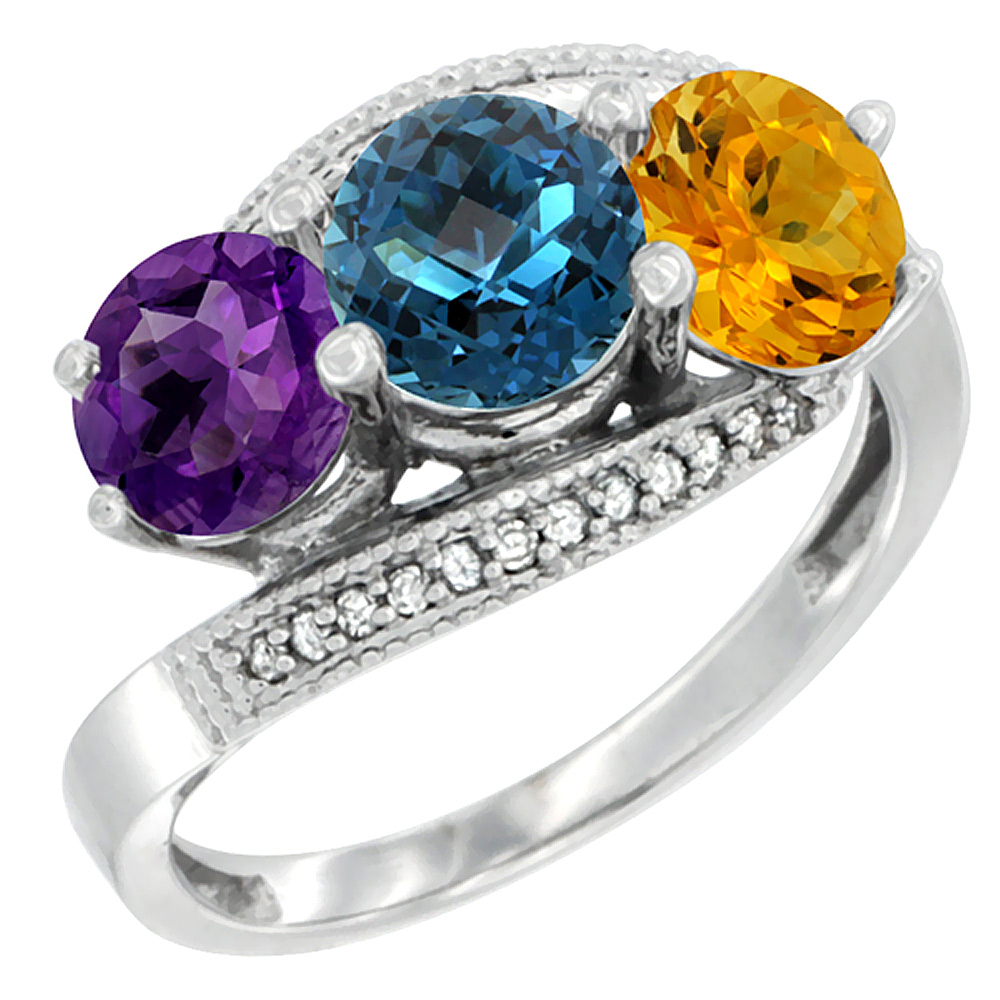 10K White Gold Natural Amethyst, London Blue Topaz & Citrine 3 stone Ring Round 6mm Diamond Accent, sizes 5 - 10