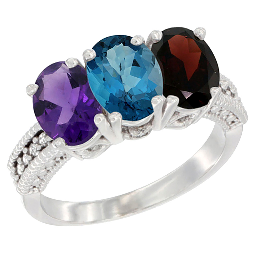 14K White Gold Natural Amethyst, London Blue Topaz &amp; Garnet Ring 3-Stone 7x5 mm Oval Diamond Accent, sizes 5 - 10