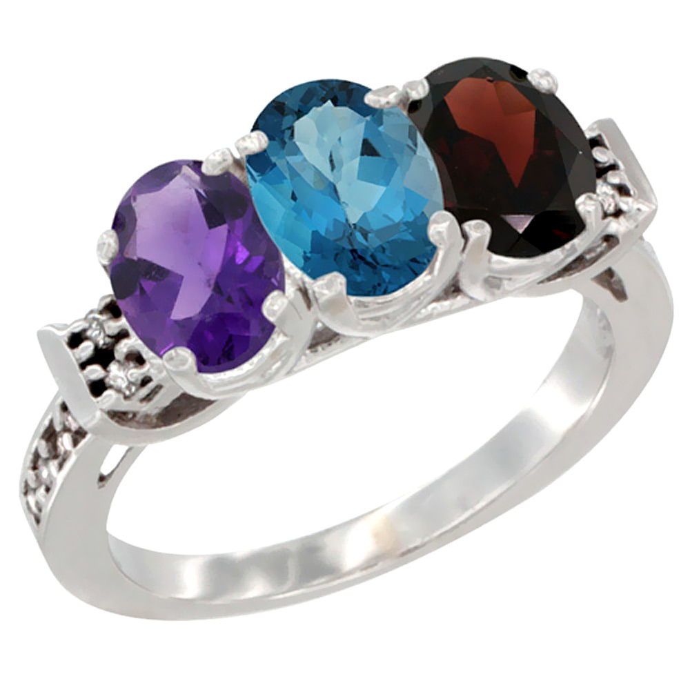 14K White Gold Natural Amethyst, London Blue Topaz &amp; Garnet Ring 3-Stone 7x5 mm Oval Diamond Accent, sizes 5 - 10