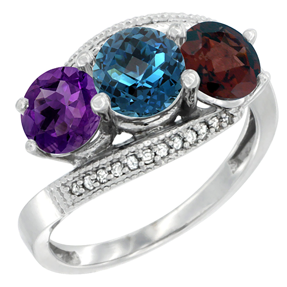 10K White Gold Natural Amethyst, London Blue Topaz & Garnet 3 stone Ring Round 6mm Diamond Accent, sizes 5 - 10