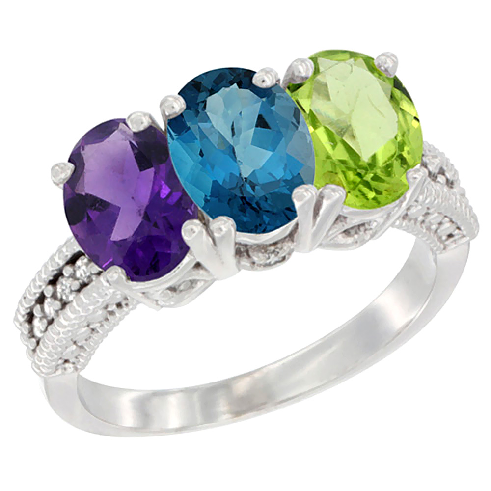 14K White Gold Natural Amethyst, London Blue Topaz &amp; Peridot Ring 3-Stone 7x5 mm Oval Diamond Accent, sizes 5 - 10