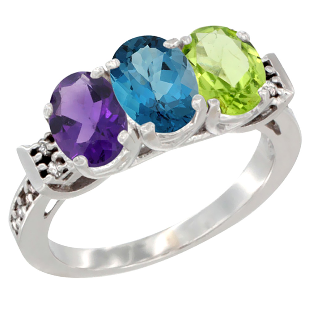 14K White Gold Natural Amethyst, London Blue Topaz &amp; Peridot Ring 3-Stone 7x5 mm Oval Diamond Accent, sizes 5 - 10