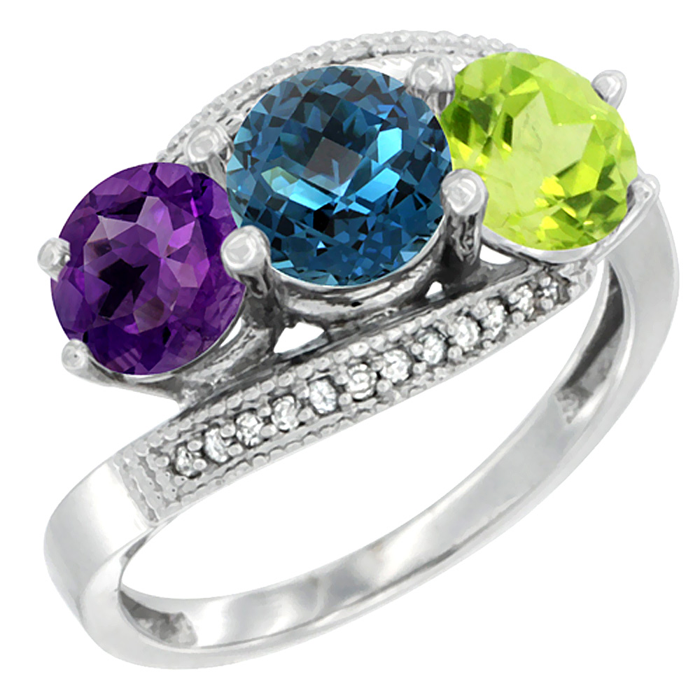 14K White Gold Natural Amethyst, London Blue Topaz &amp; Peridot 3 stone Ring Round 6mm Diamond Accent, sizes 5 - 10