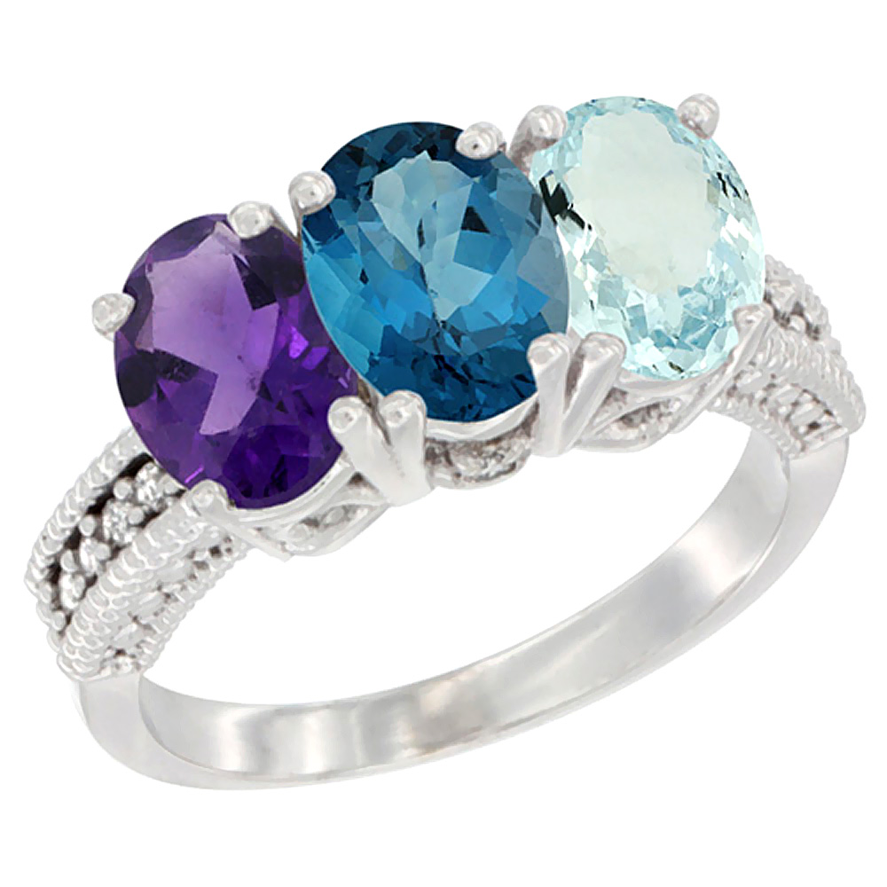 14K White Gold Natural Amethyst, London Blue Topaz & Aquamarine Ring 3-Stone 7x5 mm Oval Diamond Accent, sizes 5 - 10