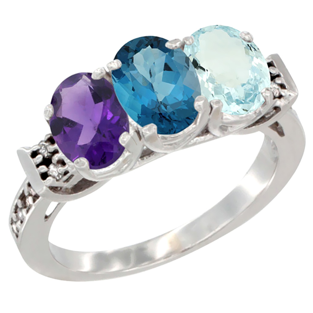 14K White Gold Natural Amethyst, London Blue Topaz &amp; Aquamarine Ring 3-Stone 7x5 mm Oval Diamond Accent, sizes 5 - 10