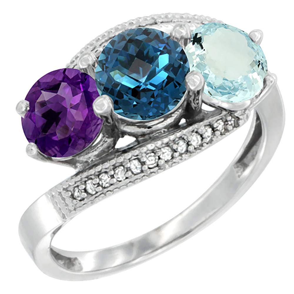 14K White Gold Natural Amethyst, London Blue Topaz & Aquamarine 3 stone Ring Round 6mm Diamond Accent, sizes 5 - 10