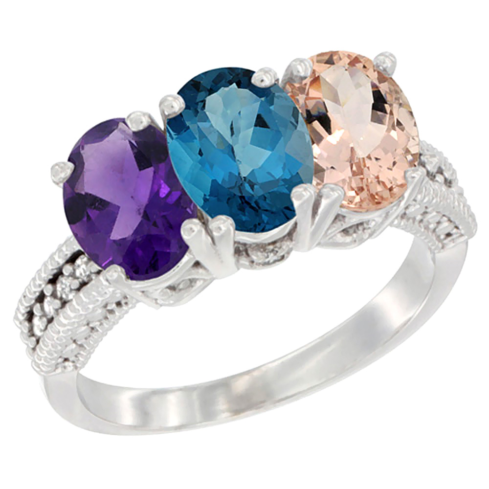 14K White Gold Natural Amethyst, London Blue Topaz & Morganite Ring 3-Stone 7x5 mm Oval Diamond Accent, sizes 5 - 10