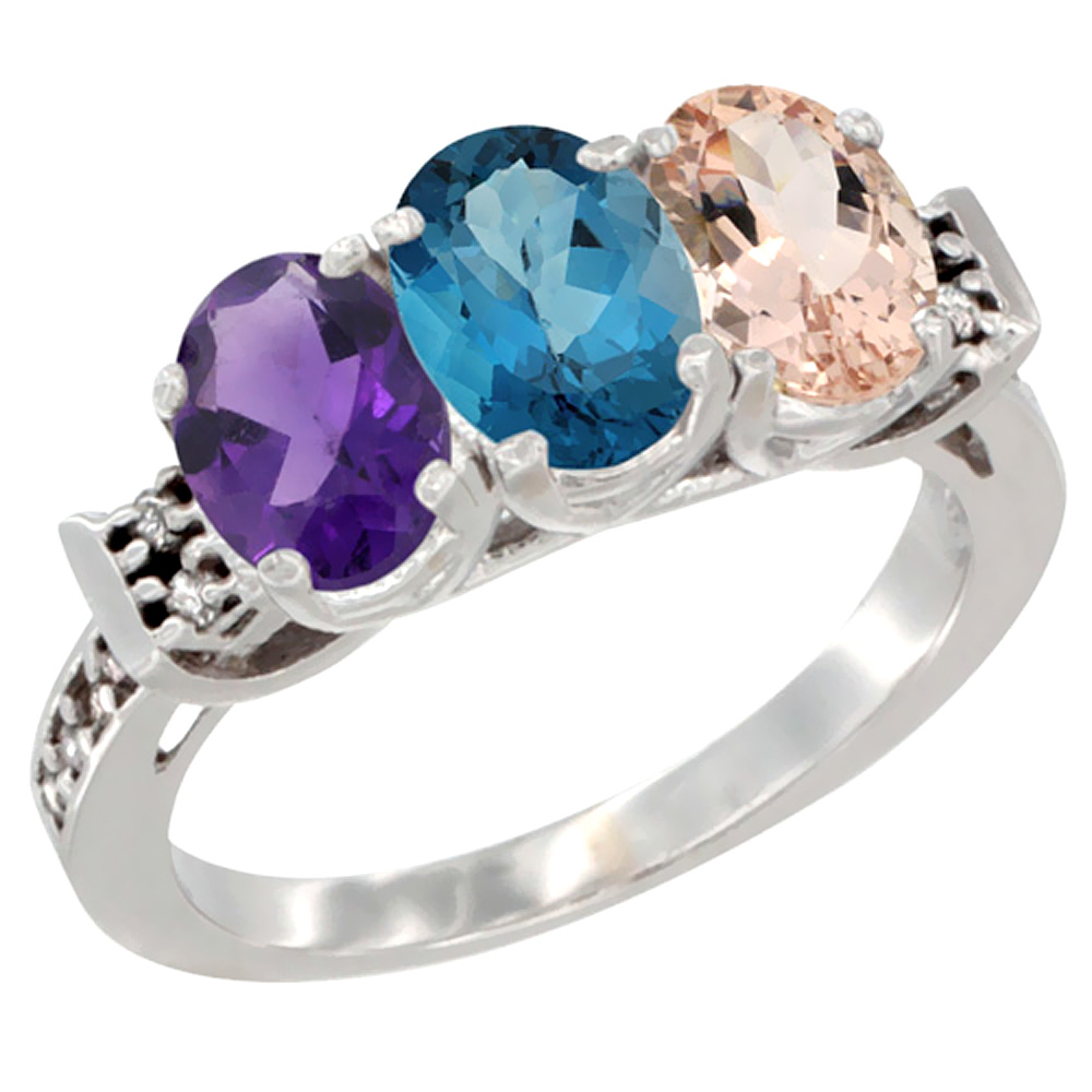 14K White Gold Natural Amethyst, London Blue Topaz &amp; Morganite Ring 3-Stone 7x5 mm Oval Diamond Accent, sizes 5 - 10