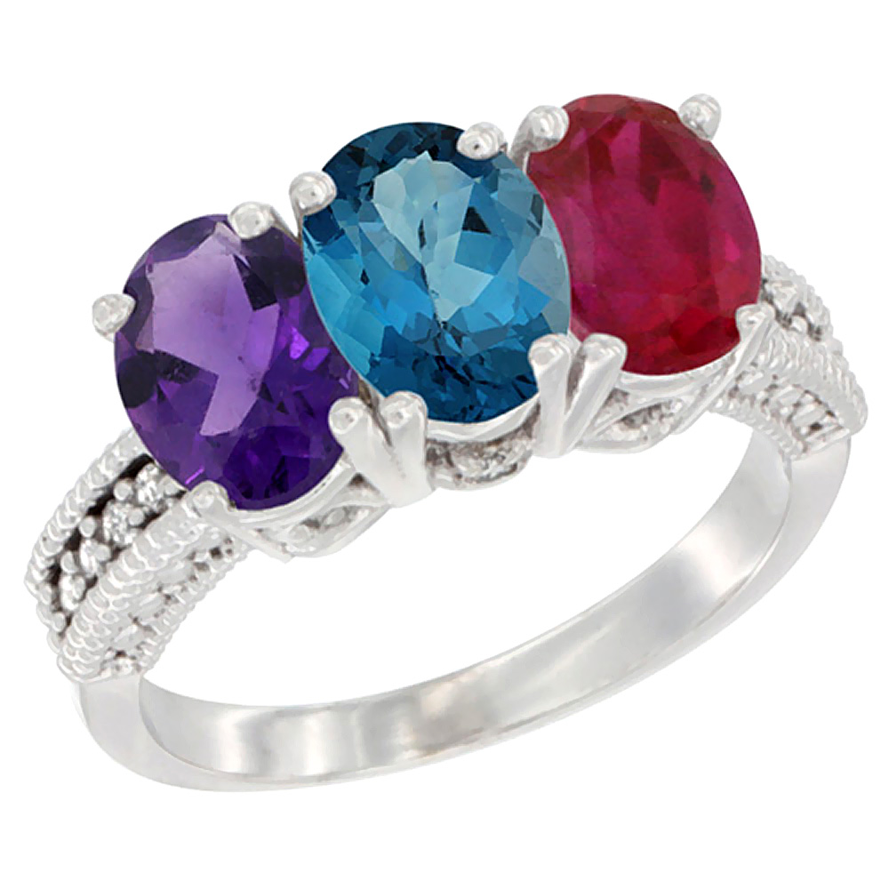 10K White Gold Natural Amethyst, London Blue Topaz & Enhanced Ruby Ring 3-Stone Oval 7x5 mm Diamond Accent, sizes 5 - 10
