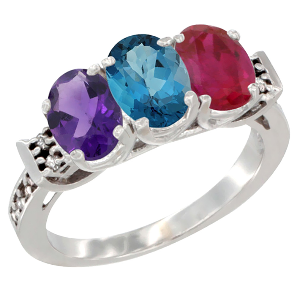 10K White Gold Natural Amethyst, London Blue Topaz & Enhanced Ruby Ring 3-Stone Oval 7x5 mm Diamond Accent, sizes 5 - 10