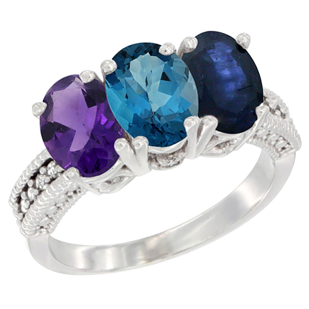 10K White Gold Natural Amethyst, London Blue Topaz &amp; Blue Sapphire Ring 3-Stone Oval 7x5 mm Diamond Accent, sizes 5 - 10